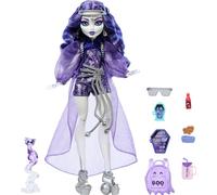 Monster High Spectra Vondergeist Muñeca | Fantasma con ropa púrpura, incluye hurón Rhuen y 7 accesorios como mochila, tableta y snacks, HXH77
