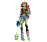 Monster High Venus McFlytrap Muñeca | Monstruo planta con camiseta, gata Chewlian y 7 accesorios: mochila, cuaderno, snacks y más, HRP81