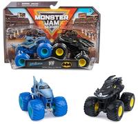 Monster Jam - Coches Monster Truck Escala 1:64 - Pack de 2 Camiones Metálicos Auténticos: Batman Vs. Megalodon - 6065293 - Coches para Niños - Juguetes Niños 3 años +