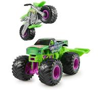 Monster Jam Grave Digger Monster Truck y Dirt Bike Set Verde y Púrpura Vehículo de Juguete con Lámpara de Pantalla 1:64