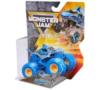 Monster Jam Megalodon Monster Truck oficial a escala 1:64, modelo de tiburón azul de metal fundido a presión con neumáticos BKT, serie 02, juguete para edades de 3 años en adelante