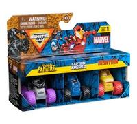 MONSTER JAM - Pack 3 Coches Monster Truck Marvel Oficial Escala 1:87 Metálicos: Black Panther, Capitán América y Iron Man - Coches para Niños - Juegos Infantiles - Juguetes Niños 3 años +