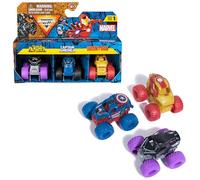 MONSTER JAM - Pack 3 Coches Monster Truck Marvel Oficial Escala 1:87 Metálicos: Black Panther, Capitán América y Iron Man - 6070229 - Coches para Niños - Juegos Infantiles - Juguetes Niños 3 años +