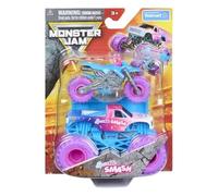 Monster Jam Sparkle Smash - Camión monstruo fundido a presión 1:64 con motocicleta Walmart Exclusive Pink & Blue Official Spin Master Toy a partir de 3 años