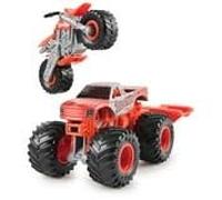 Monster Jam ThunderROARus Monster Truck y Dirt Bike Vehículo rojo y plateado fundido a presión juguetes con rampa de exhibición, paquete de 2, escala 1:64