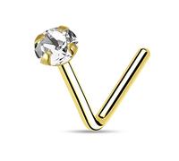 Monster Piercing - Perno/Stud de Nariz con Punto de Luz. Palo en Ángulo. Oro Amarillo de 9 Quilates. Piedra: Circonita Blanca Redonda. Calibre: 22G (0,6 mm). Longitud del Perno: 8mm. Hipoalergénico
