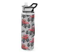 Monster Red Truck - Botella de agua de dibujos animados con pajita, 1 litro, a prueba de fugas, sin BPA, Tritan transparente para niños, niñas, mujeres, escuela, viajes, deportes