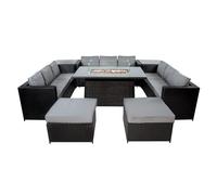 Monster Shop Conjunto de Muebles de Jardín de Ratán 11 Plazas con Mesa de Fuego a Gas, Sofá Modular Exterior de Polirratán con Cojines, Mesa Comedor, Taburetes y Mesas Auxiliares, Negro