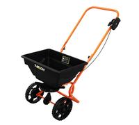Monster Shop T-Mech - Esparcidor rotativo de semillas para césped y hierba, sal de roca, jardín, arena al aire libre, fertilizante de invierno, flujo variable de 25 kg