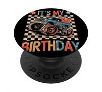 Monster Truck Blue Flames Checkered It's My Birthday Fiesta PopSockets PopGrip Adhesivo