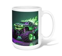 Monster Truck - Taza de café de cerámica, diseño futurista de llamas atrevidas ruedas, ninguna verde, taza de chocolate caliente con asa, ideal para amistad, familia, colegas, profesores, personal de