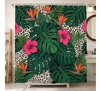 Monstera - Cortina de ducha, diseño de hibisco botánico tropical, pájaro del paraíso, color verde verano, tela impermeable, cortinas de ducha para baño, decoración de habitación de invitados, 72 x 78