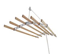 MonsterShop - Tendedero de Techo con Sistema de Poleas en Blanco y 6 Listones de Madera 1.4m Tendedero Colgante Estructura para Colgar Secar Ropa Colgador Ropa Habitación Interior Kit Fijación GRATIS