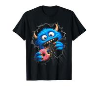 Monstruo Azul Peludo con Donut, Humor goloso en ilusión 3D Camiseta
