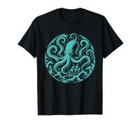 Monstruo Gigante del mar del Pulpo tormentoso océano Linocut Ilustración Camiseta gráfica económica