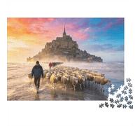Mont Saint-Michel Puzzles 1000 Piezass Material Reciclado Sheep Pasture Puzzles para Ancianos Relieve Senile Dementia Fun Juego Familiar Activity Home 52x38cm/1000 Piezas