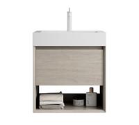 Montaje en pared para cuarto de baño, lavabo rectangular de resina, lavabo integral, parte frontal de madera maciza, cuerpo de placa de madera con aspecto de roble, vetas de madera, cajón de cierre
