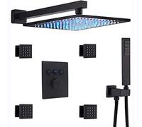 Montaje Pared Latón termostático Matte Negro LED Rain Ducher Combinado con chorros carrocería y Ducha Lujo baño de Mano, 10 Pulgadas
