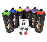 Montana Black Power - Juego de 6 botes de spray + cabezales de repuesto - 6 x 400 ml Montana Cans colores Power Mate Baja presión Graffiti Restauración DYV Decoración Máxima calidad Colores Vivos