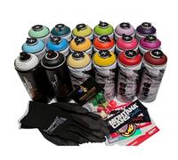 Montana Cans Set PROGAL COLORS NBQ Pro en Spray Mate Graffiti (2 x Montana Cans Black + 16 x NBQ) con Pegatinas, Guantes y 12 Difusores de Repuesto - Pintura en Aerosol de Baja Presión