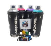 Montana Colors Hardcore Pintura en Aerosol Profesional, Pack de 4 Latas 400ml, Colores Plata, Turquesa, Violeta, Fucsia, con 3 Boquillas de Repuesto + 1 Sticker MTN