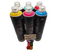 Montana Colors LOT 6 Bombes Peinture Spray Graffiti MTN MEGA 6 x 600 ml Colores Base (Blanco, Amarillo, Magenta, Verde, Rojo, Azul) + 6 Tapas de Repuesto Diferentes