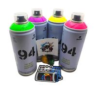 Montana Colors MTN 94 Pintura en Spray Fluorescente, 4 Colores (Violeta, Fucsia, Amarillo, Verde), 400ml cada uno, con 3 Boquillas de Repuesto