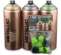 Montana Gold Metallic Effect Spray Antracita, Verde Aguacate, 3 x 400 ml de pintura en aerosol para hobby, artesanía y decoración de coches + cabezales pulverizadores de repuesto