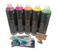Montana Mega Colors, Set de 6 Latas de Spray de 600ml, Colores Variados, con Accesorios