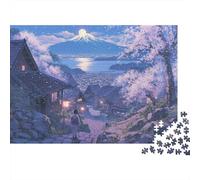 Montaña Nevada bajo la Luna Puzzle de 1000 Piezas Pueblo de cerezos en Flor Puzzle para Adultos Puzzle para Toda la Familia Relajación en casa 52x38cm/1000pcs