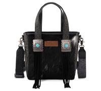 Montana West X Wrangler - Bolso de mano de cuero vacuno para mujer, con flecos de cuero con concho de piedra turquesa, Negro -, Large