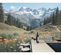 Montañas Nevadas Mares De Flores Papel Pintado Panorámico 400x280cm, Paisaje Alpino Papel Pintado De Seda, Grandes Murales Para Salón Sala De Estar Estudio Decoración, Verdor
