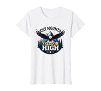 Montañas Rocosas Libertad High Camiseta, Mujer, Blanco, XS