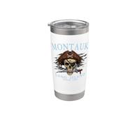 Montauk Long Island NY - Calavera pirata desde 1686, color cian Vaso térmico de acero inoxidable de doble pared