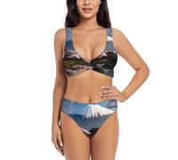 Monte Fuji a principios de primavera - Conjunto de bikini cruzado para mujer, traje de baño de dos piezas con almohadillas extraíbles, traje de baño triangular ajustable, Negro, L