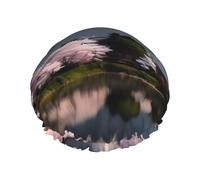 Monte Fuji a principios de primavera Gorro de ducha para mujer, impermeable, reutilizable, con cordón elástico lavable, adecuado para cabello largo y trenzas, ideal para ducharse.