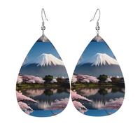 Monte Fuji a principios de primavera, pares de aretes de piel sintética en forma de lágrima para mujer, aretes colgantes de cuero ligero.