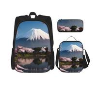 Monte Fuji in Early Spring Mochila y mochila para niñas y niños con bolsa de almuerzo y estuche para lápices, juego de 3 piezas para senderismo, escuela, excursiones, Black, Talla única