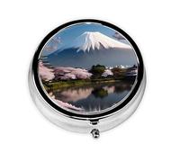 Monte Fuji - Pastillero redondo portátil para llevar a principios de primavera, cabe en el bolsillo de tu bolso, pastillero ligero de 3 compartimentos,
