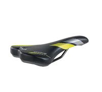 Montegrappa Dike - Sillín de bicicleta de piel sintética para uso Off Road Ebike MTB Gravel Enduro relleno de espuma viscoelástica (negro/amarillo)