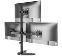 monTEK Soporte de monitor triple estable, soporte de escritorio totalmente ajustable para 3 pantallas de hasta 17 a 32 pulgadas cada una con capacidad de carga de 22 libras por brazo, base estable
