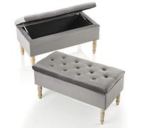 MONTEMAGGI - Reposapiés de Terciopelo Gris con Patas de Madera, 35 litros, 80 x 39 x 40 cm