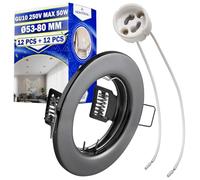 MONTERAL Juego 12 Piezas Marco Foco Empotrable LED Techo Ø 53-80 mm y 12 Piezas Cerámica Casquillo GU10 250V para Bombillas Max 50W - Color Negro Cromado - Garantía de 10 Años