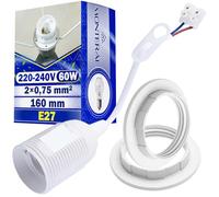 MONTERAL Juego de 1 Pieza Casquillo para Bombillas E27 con Cable y Bloque de Terminales 160 mm Ø40 mm Máx 60W 220-240V y 2 Piezas de Anillos para Portalamparas E27 Color Blanco - Garantía de 10 Años