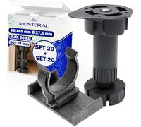 MONTERAL Juego de 20 Piezas Patas para Muebles Regulables 95-165 mm Ø 27,5 mm Capacidad de Carga 60 kg y 20 Piezas Pinzas Zocalo Cocina de 50x39 mm - Garantía de 10 Años