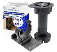 MONTERAL Juego de 4 Piezas Patas para Muebles Regulables 95-165 mm Ø 27,5 mm Capacidad de Carga 60 kg y 4 Piezas Pinzas Zocalo Cocina de 50x39 mm - Garantía de 10 Años