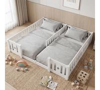 Montessori Cama de suelo infantil 90 x 200, cama doble con barrera de seguridad y somier de láminas, Montessori Cama infantil de madera maciza, Pino, para familias con dos niños, niños y niñas, color