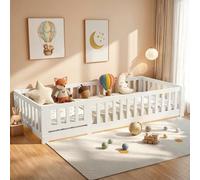 Montessori Cama de suelo infantil 90 x 200 cm de madera maciza, pino, cama cabaña con somier, cama individual, 90 x 200 cm, Montessori Cama infantil de madera maciza, Pino, niños y niñas, blanco