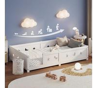 Montessori Cama de suelo infantil de 90 x 200 cm, cama con barras estrellas y lunas, cama cabaña con somier de láminas, cama individual de 90 x 200 cm, Montessori Cama infantil de madera maciza, Pino