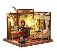 Montidey Juego de luteo de estilo chino, ajedrez, caligrafía y pintura, kit de casa de muñecas en miniatura de madera con muebles, modelo de patio antiguo, casa de muñecas, rompecabezas, regalo de